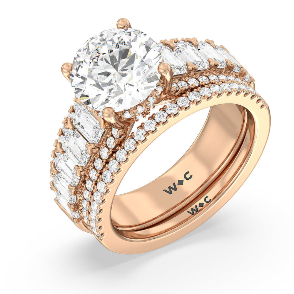 Emerald Side Stone Broad Band Hidden Halo Engagement Ring with Oval Cut Diamond in 14KT Rose Gold view 6

