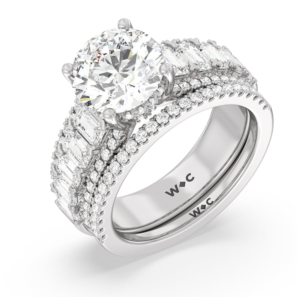 Emerald Side Stone Broad Band Hidden Halo Diamond Wedding Band with Platinum Cut Diamond in 14KT Platinum view 3
