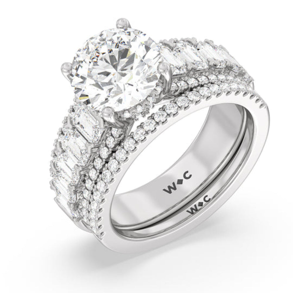 Emerald Side Stone Broad Band Hidden Halo Engagement Ring with Oval Cut Diamond in 14KT Rose Gold view 4
