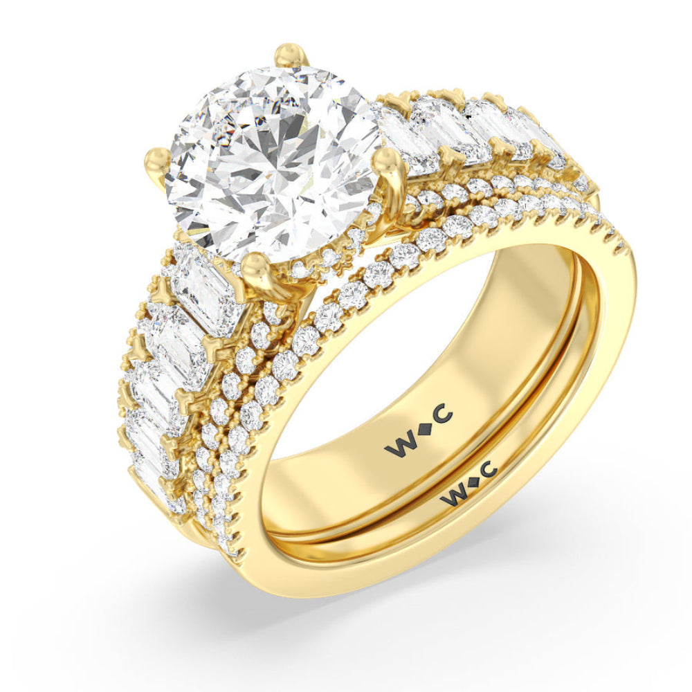 Emerald Side Stone Broad Band Hidden Halo Engagement Ring with Oval Cut Diamond in 14KT Rose Gold view 5
