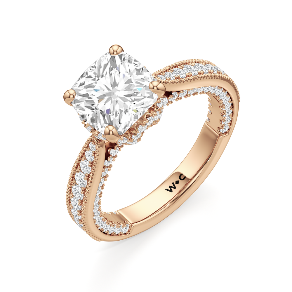 The Chrysler Ring with Cushion Cut Diamond in 14KT Rose Gold view 4
