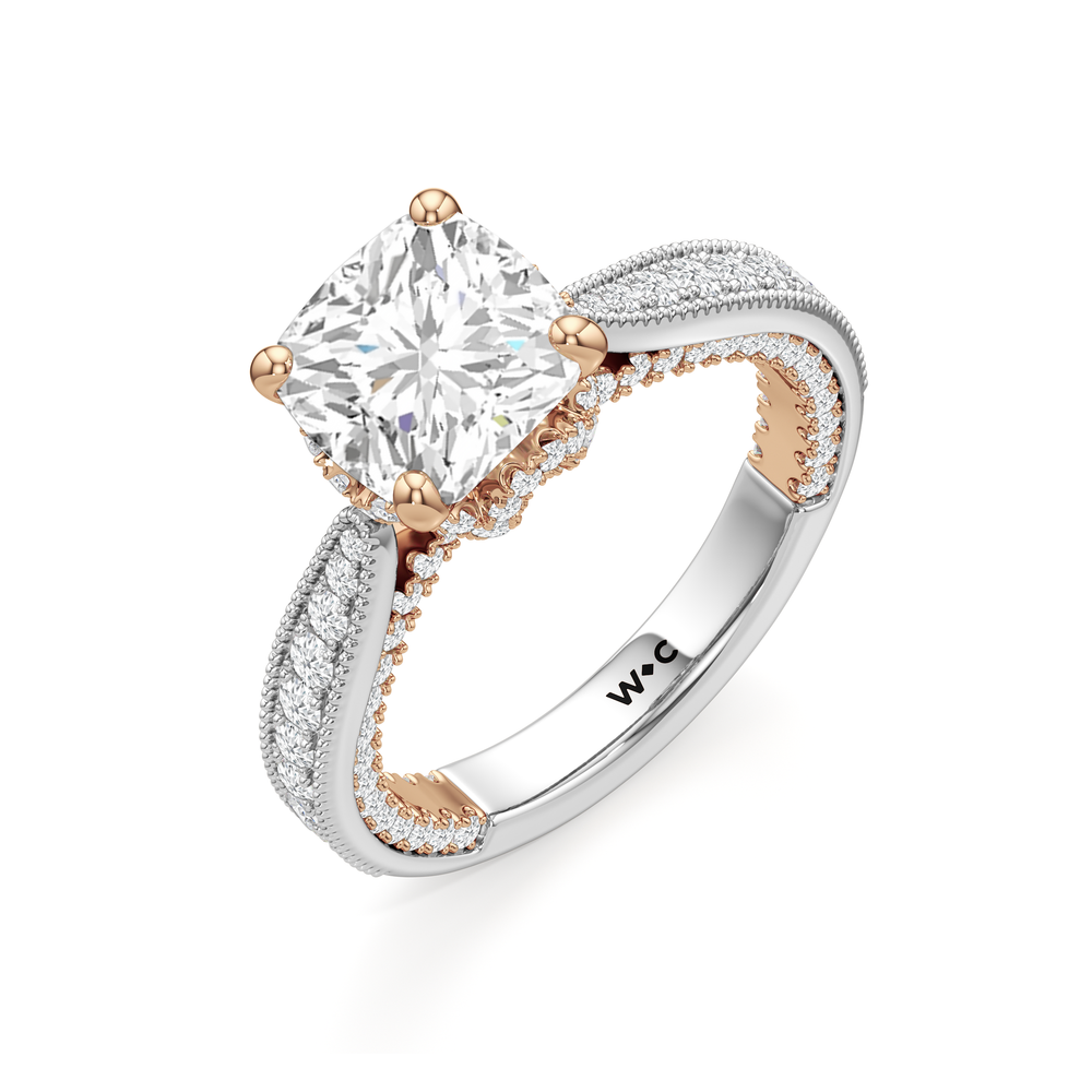 The Chrysler Ring with Cushion Cut Diamond in 14KT White & Rose Gold view 4
