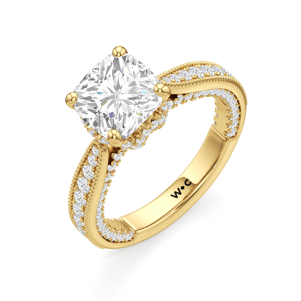 The Chrysler Ring with Cushion Cut Diamond in 14KT Yellow Gold view 4
