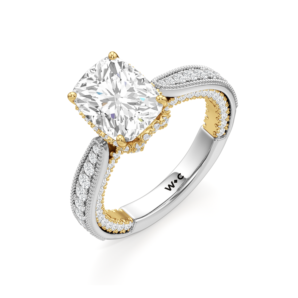 The Chrysler Ring with Elongated Cushion Cut Diamond in 14KT White & Yellow Gold view 4
