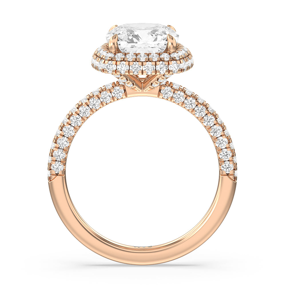 Falling Edge Dome Halo Engagement Ring with Cushion Cut Diamond in 14KT Rose Gold view 2
