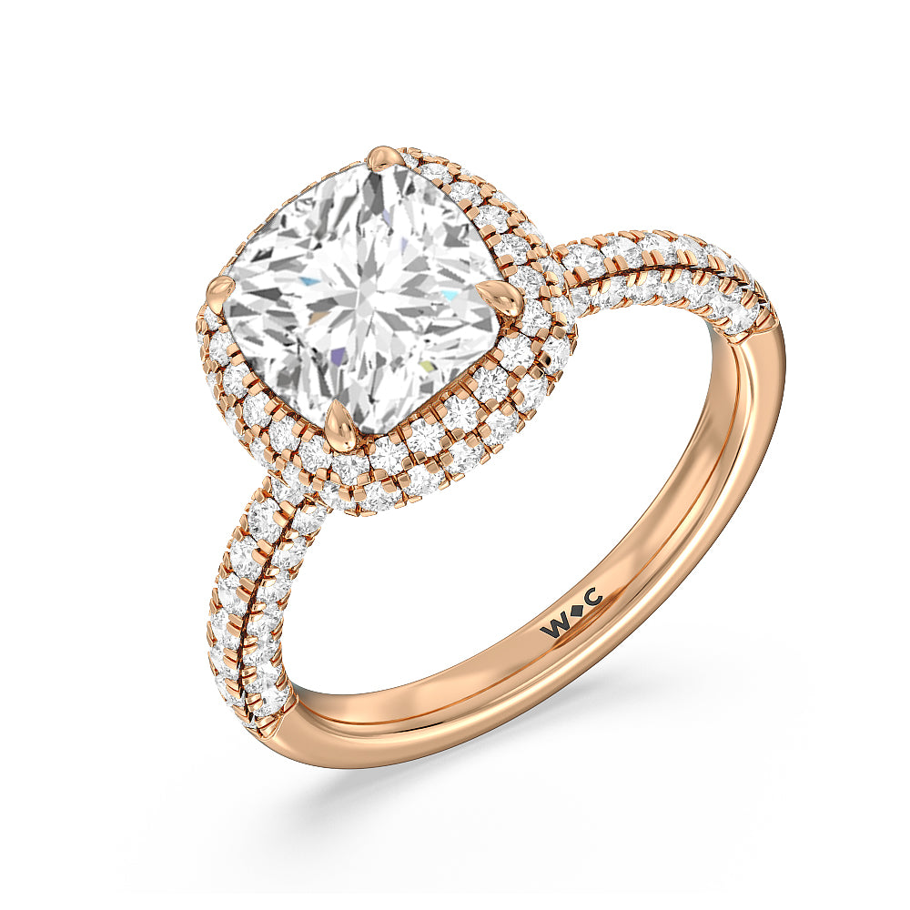 Falling Edge Dome Halo Engagement Ring with Cushion Cut Diamond in 14KT Rose Gold view 3
