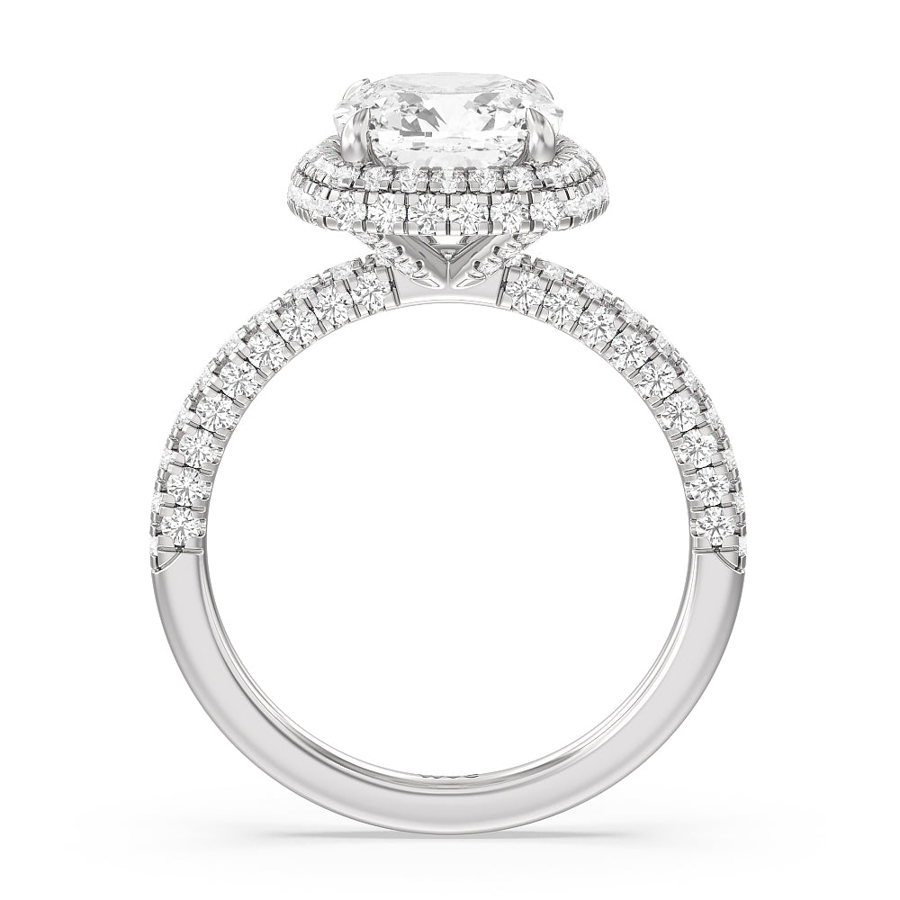 Falling Edge Dome Halo Engagement Ring with Cushion Cut Diamond in 14KT Platinum view 2
