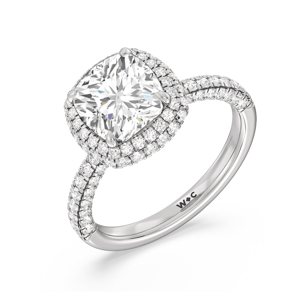 Falling Edge Dome Halo Engagement Ring with Cushion Cut Diamond in 14KT Platinum view 3
