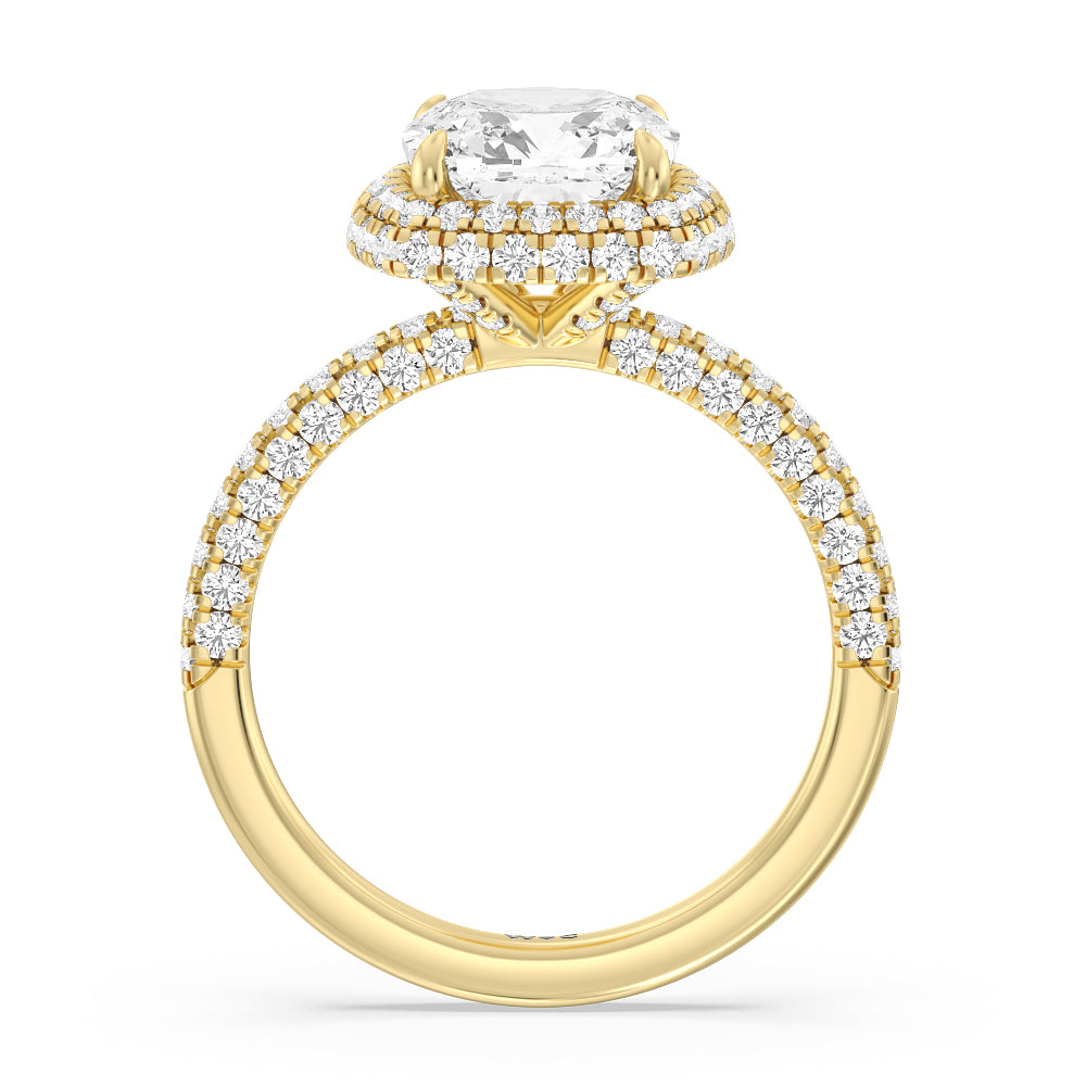 Falling Edge Dome Halo Engagement Ring with Cushion Cut Diamond in 14KT Yellow Gold view 2
