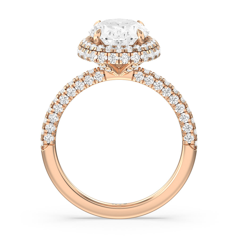 Falling Edge Dome Halo Engagement Ring with Oval Cut Diamond in 14KT Rose Gold view 2
