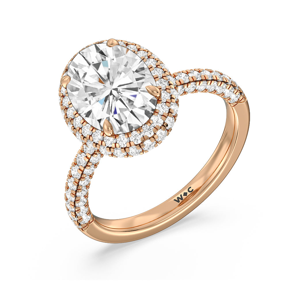 Falling Edge Dome Halo Engagement Ring with Oval Cut Diamond in 14KT Rose Gold view 3

