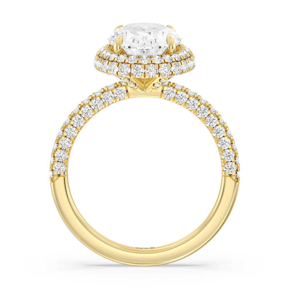 Falling Edge Dome Halo Engagement Ring with Oval Cut Diamond in 14KT Yellow Gold view 2
