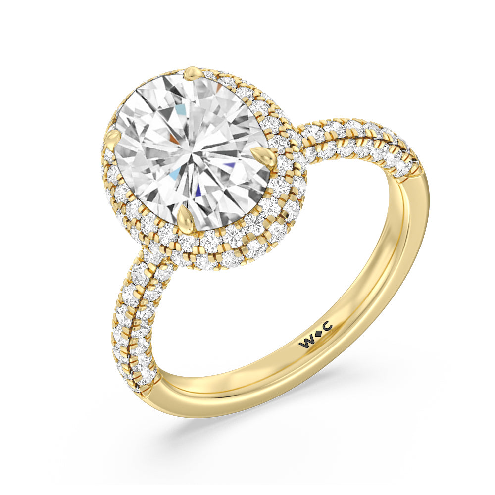 Falling Edge Dome Halo Engagement Ring with Oval Cut Diamond in 14KT Yellow Gold view 3
