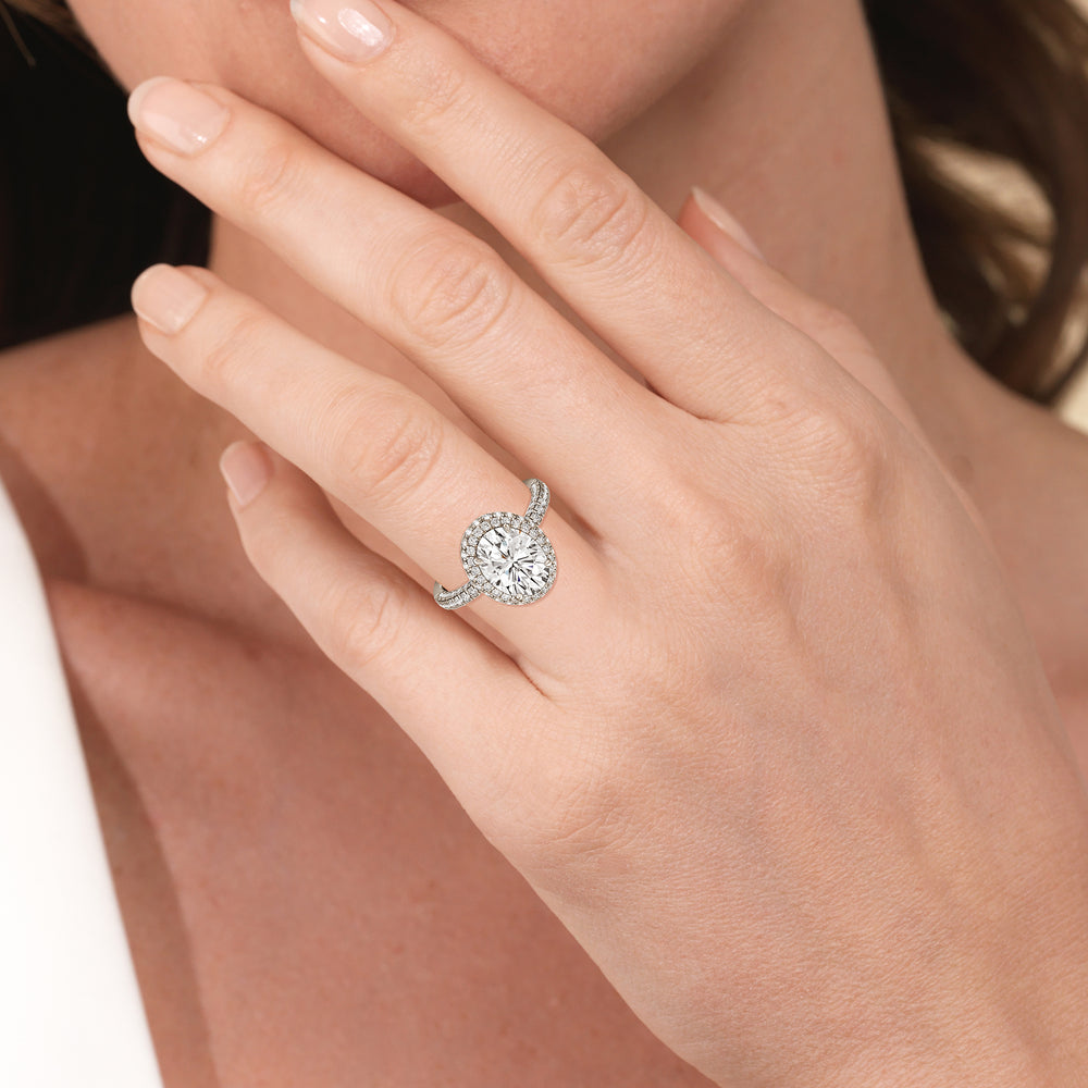 Model Wearing Falling Edge Dome Halo Engagement Ring view