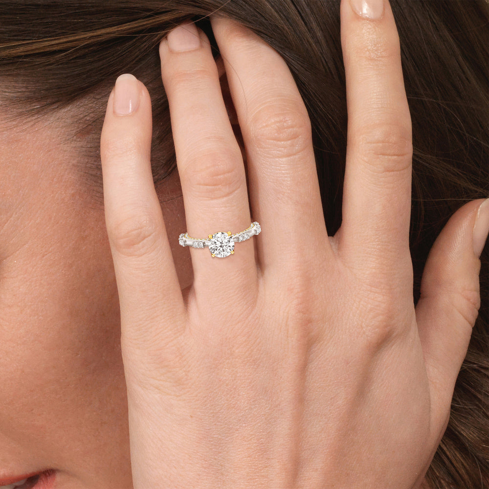 Model Wearing Celestia Knife Edge Milgrain Engagement Ring view