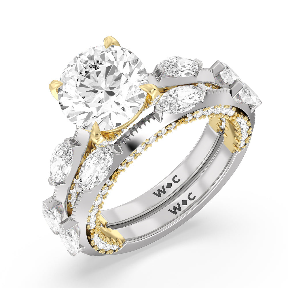 Celestia Marquise Set Studded Gallery Wedding Band with 18KT White & Yellow Gold Cut Diamond in 14KT White & Yellow Gold view 3
