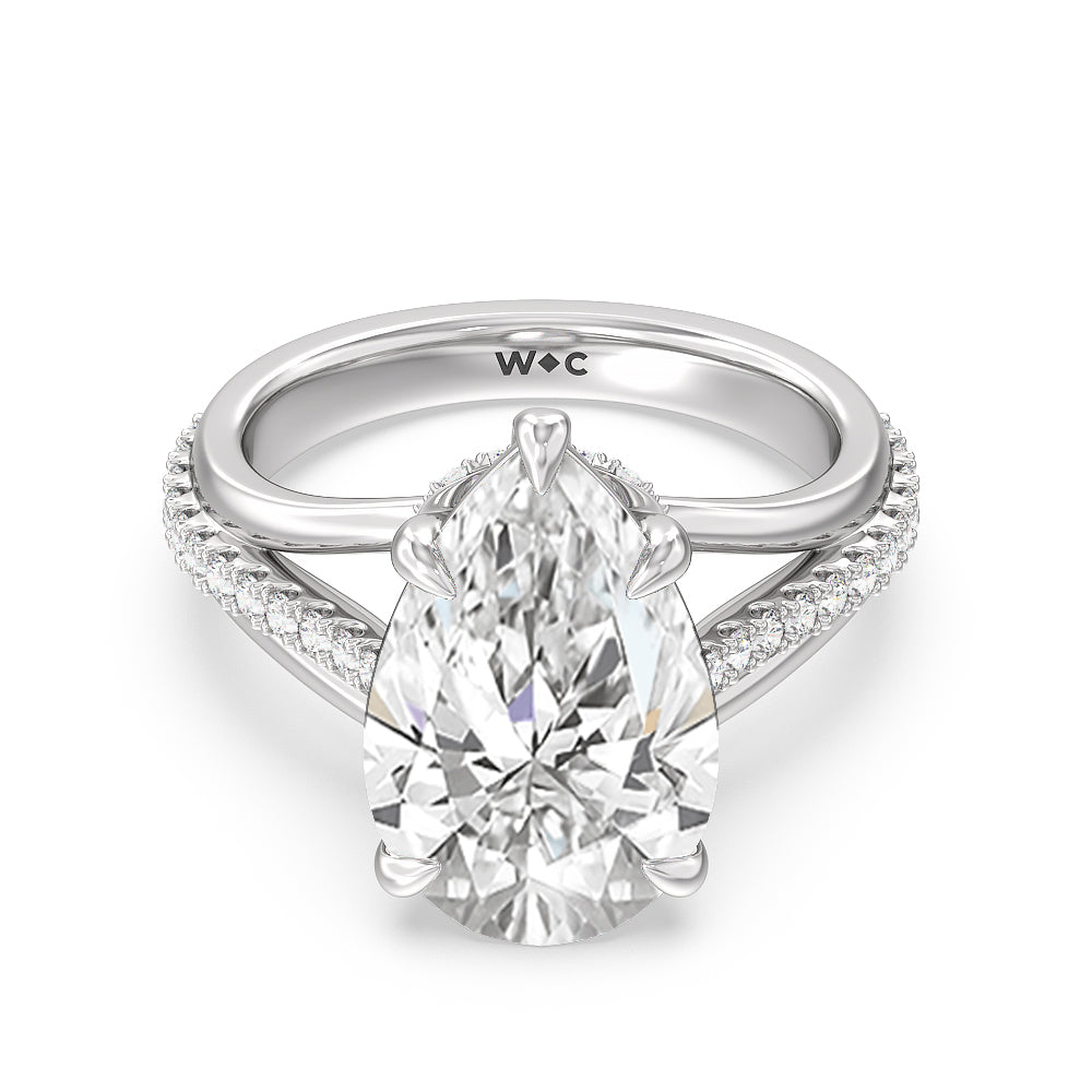 14kt White Gold Split Shank Pear Shaped Halo Engagement Ring