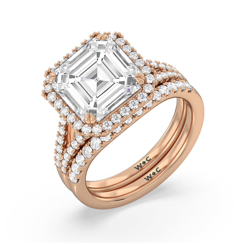 Elegance Split Shank Halo Engagement Ring with Asscher Cut Diamond in 14KT Rose Gold view 6
