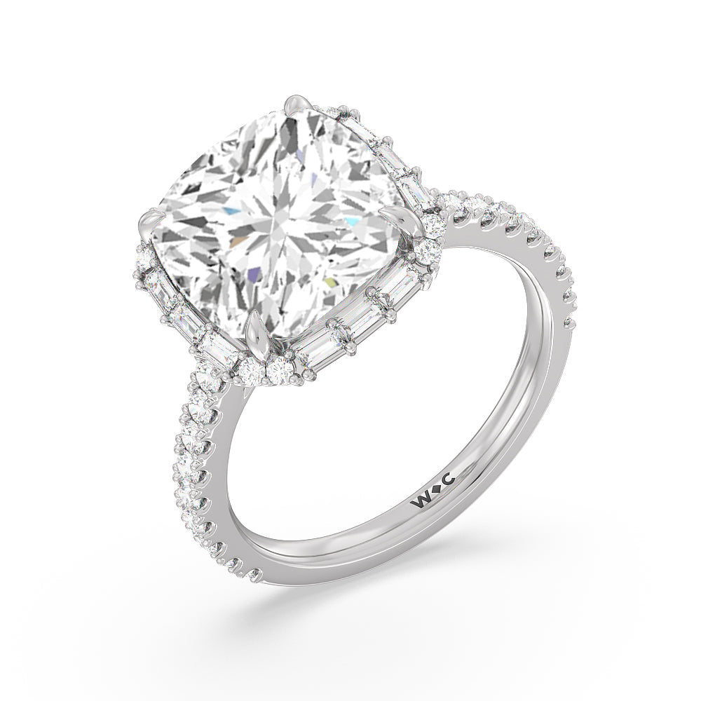 Cushion Cut Elegance Baguette Halo Pave Engagement Ring (E+ VVS+) with Lab Grown Diamond in 14KT Platinum view 3
