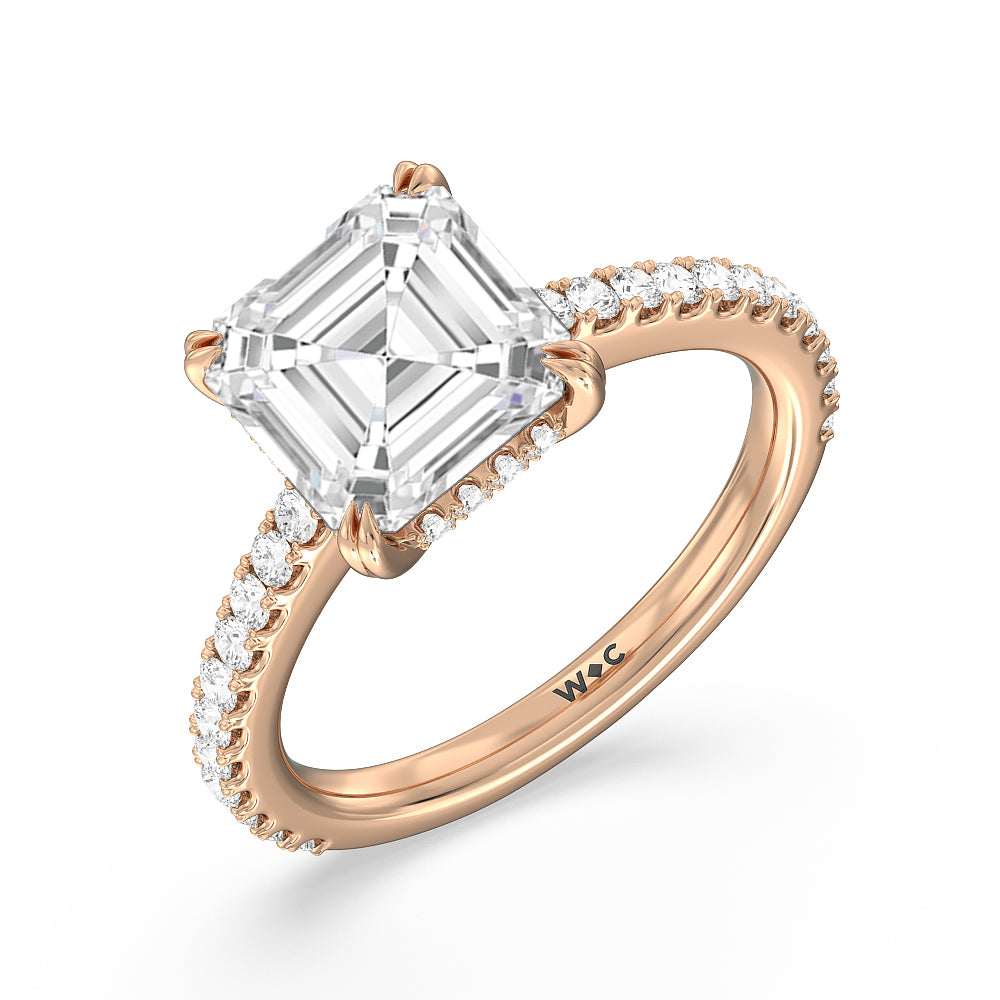Elegance Hidden Halo and Pave Diamond Engagement Ring with Asscher Cut Diamond in 14KT Rose Gold view 3
