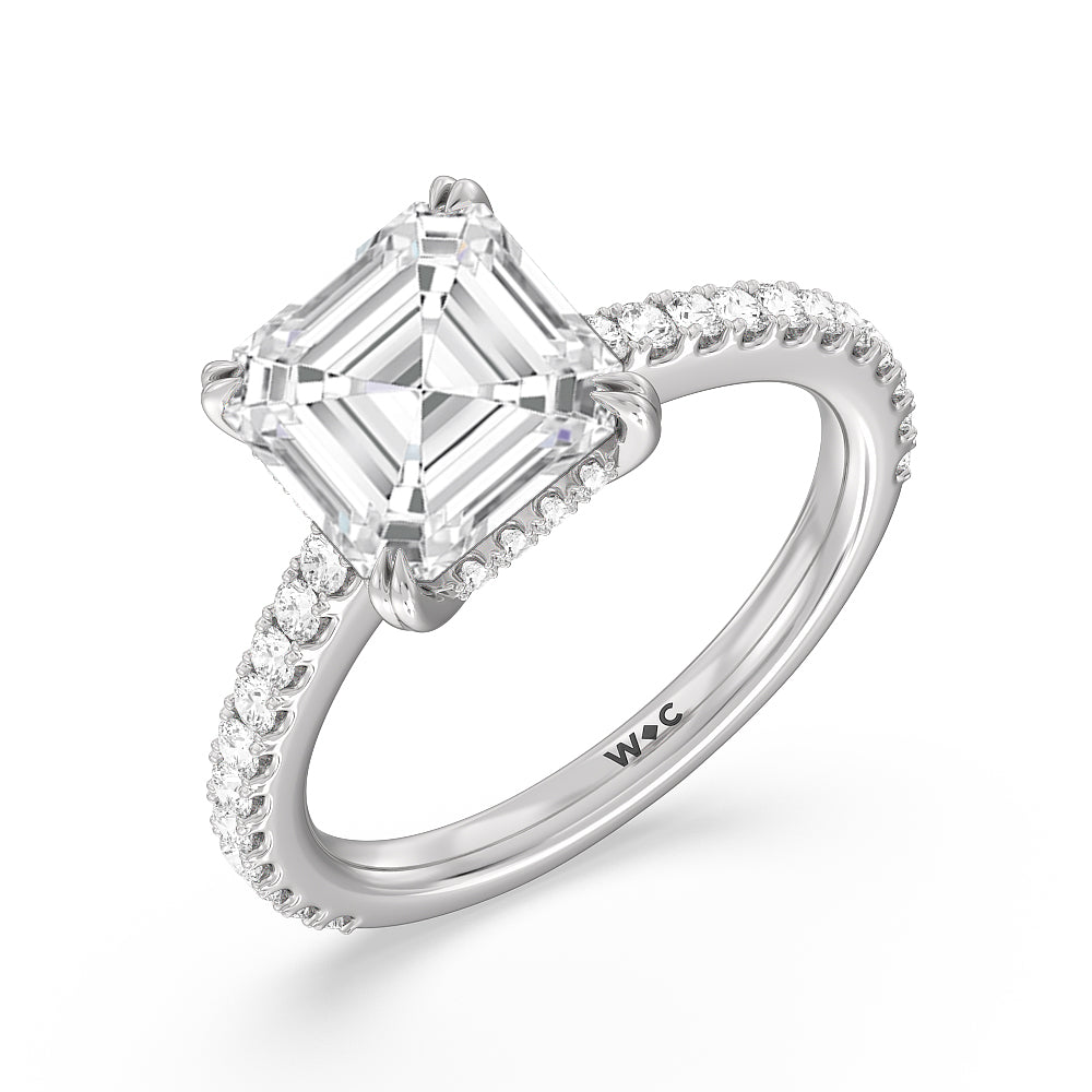 Elegance Hidden Halo and Pave Diamond Engagement Ring with Asscher Cut Diamond in 14KT Platinum view 3
