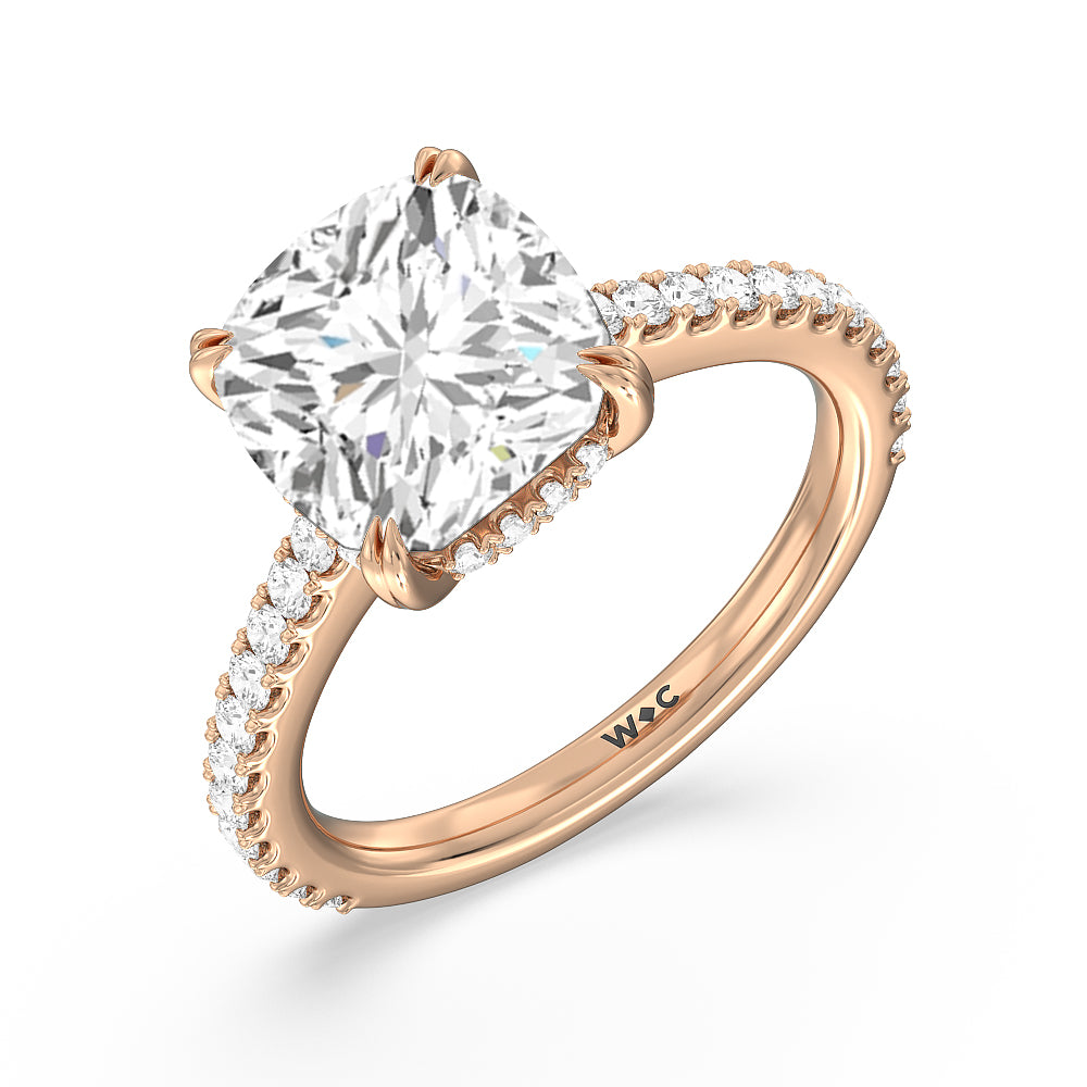 Elegance Hidden Halo and Pave Diamond Engagement Ring with Cushion Cut Diamond in 14KT Rose Gold view 3
