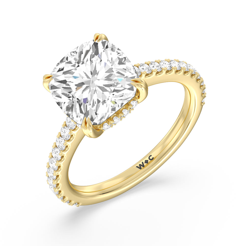 Elegance Hidden Halo and Pave Diamond Engagement Ring with Cushion Cut Diamond in 14KT Yellow Gold view 3
