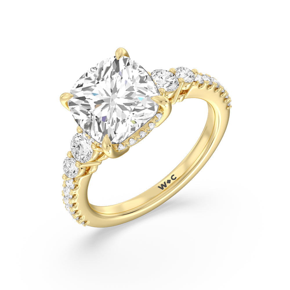 Cushion Cut Elegance Side-Stone with Hidden Halo Engagement Ring (E+ VVS+) with Lab Grown Diamond in 14KT Yellow Gold view 2
