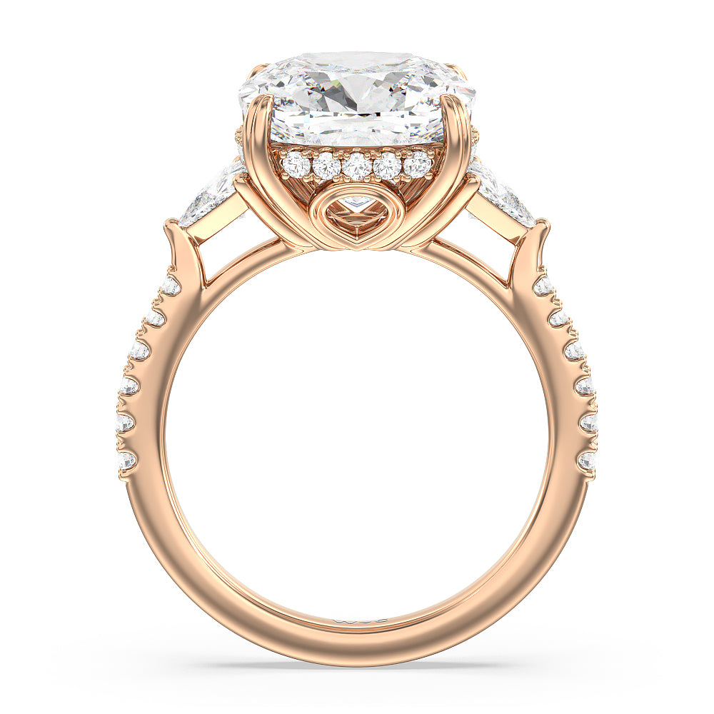 Elegance Trillion Diamond Three Stone Engagement Ring with Cushion Cut Diamond in 14KT Rose Gold view 2
