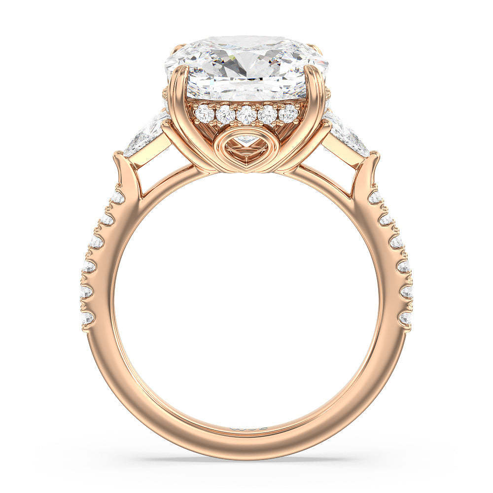 Cushion Cut Elegance Trillion Diamond Three Stone Engagement Ring (E+ VVS+) with Lab Grown Diamond in 14KT Rose Gold view 2

