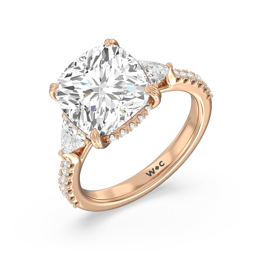Elegance Trillion Diamond Three Stone Engagement Ring with Cushion Cut Diamond in 14KT Rose Gold view 3
