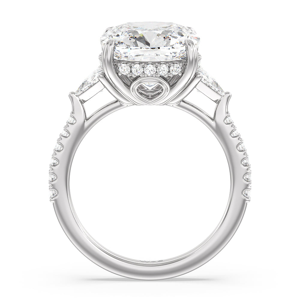 Elegance Trillion Diamond Three Stone Engagement Ring with Cushion Cut Diamond in 14KT Platinum view 2

