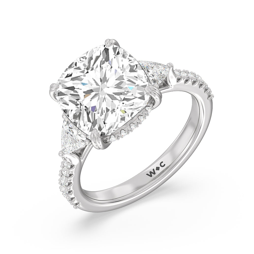 Elegance Trillion Diamond Three Stone Engagement Ring with Cushion Cut Diamond in 14KT Platinum view 3
