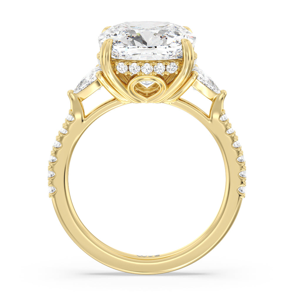 Elegance Trillion Diamond Three Stone Engagement Ring with Cushion Cut Diamond in 14KT Yellow Gold view 2
