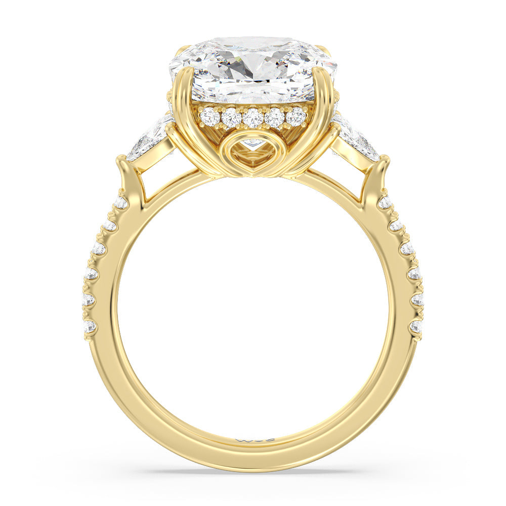 Cushion Cut Elegance Trillion Diamond Three Stone Engagement Ring (E+ VVS+) with Lab Grown Diamond in 14KT Yellow Gold view 2
