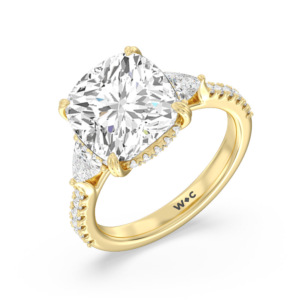 Elegance Trillion Diamond Three Stone Engagement Ring with Cushion Cut Diamond in 14KT Yellow Gold view 3
