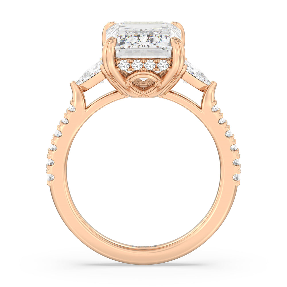 Elegance Trillion Diamond Three Stone Engagement Ring with Emerald Cut Diamond in 14KT Rose Gold view 2
