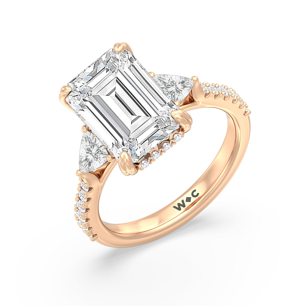 Elegance Trillion Diamond Three Stone Engagement Ring with Emerald Cut Diamond in 14KT Rose Gold view 3
