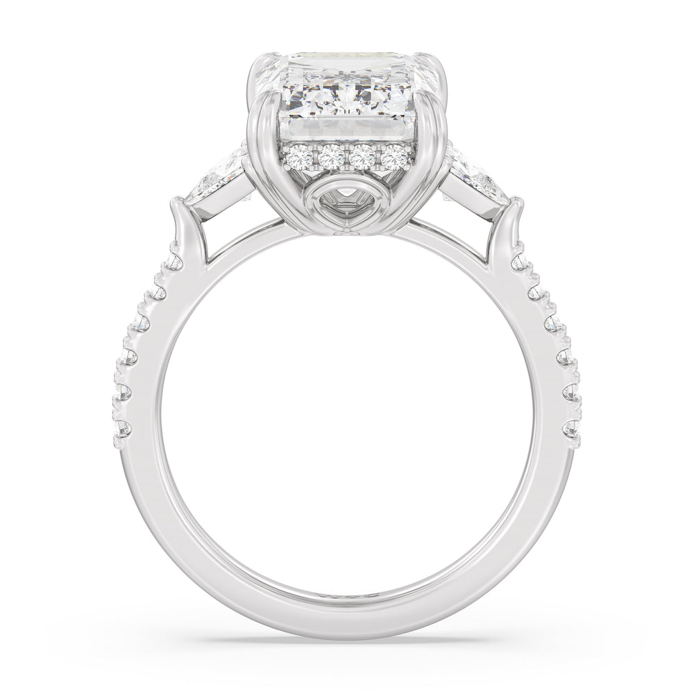 Elegance Trillion Diamond Three Stone Engagement Ring with Emerald Cut Diamond in 14KT Platinum view 2
