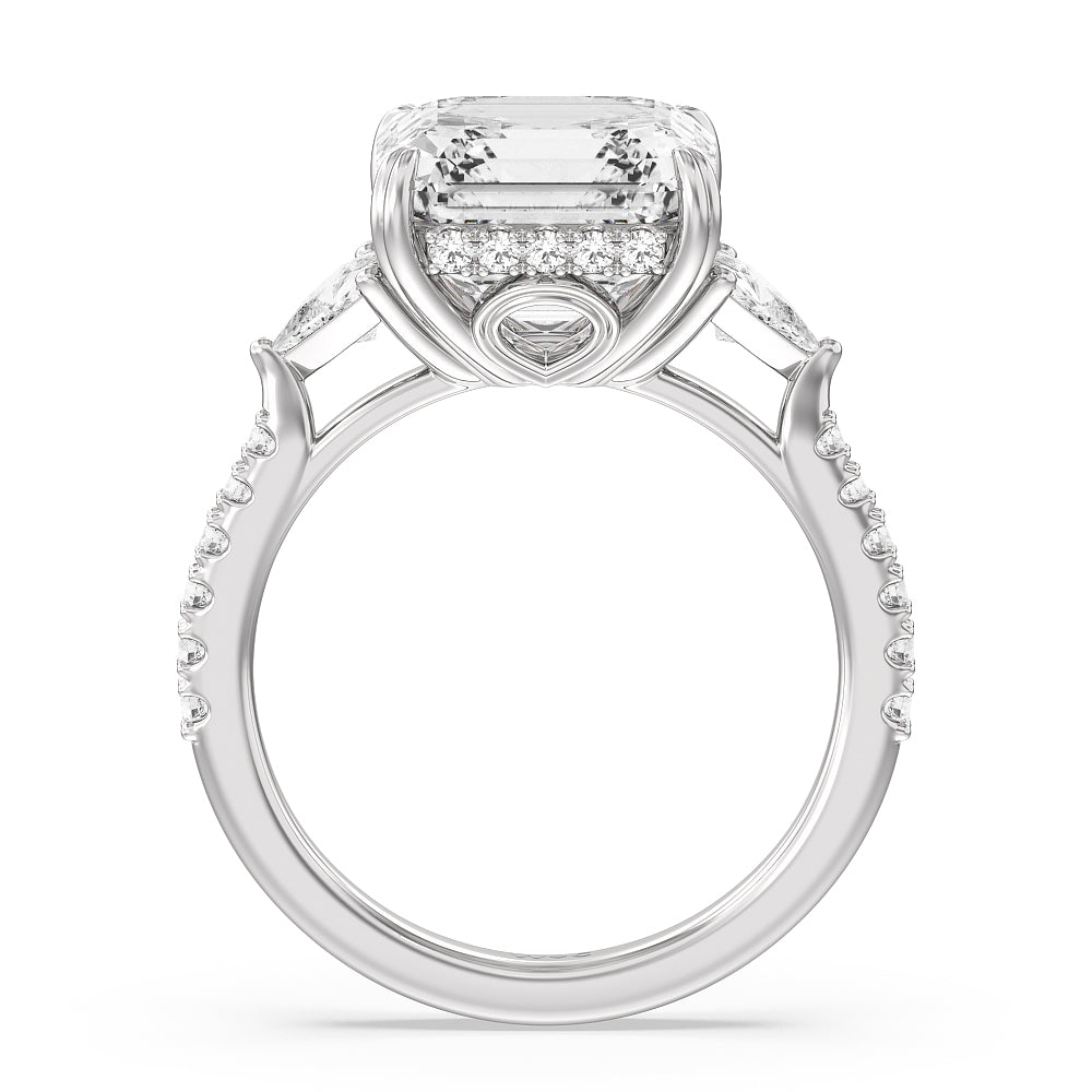 3.65ct Asscher Elegance Trillion Diamond Three Stone Engagement Ring with 4 1/2 Cut Diamond in 14KT Asscher view 2
