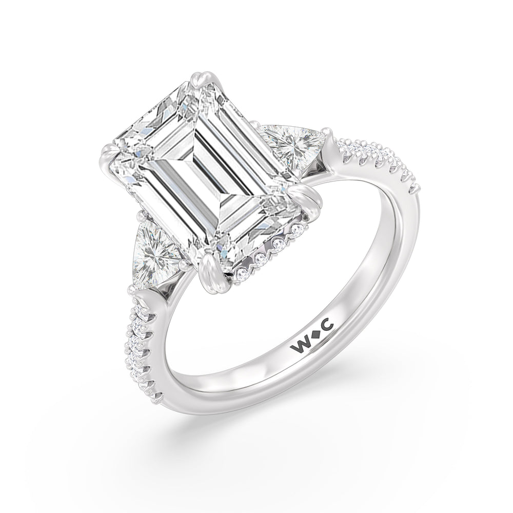 Elegance Trillion Diamond Three Stone Engagement Ring with Emerald Cut Diamond in 14KT Platinum view 3
