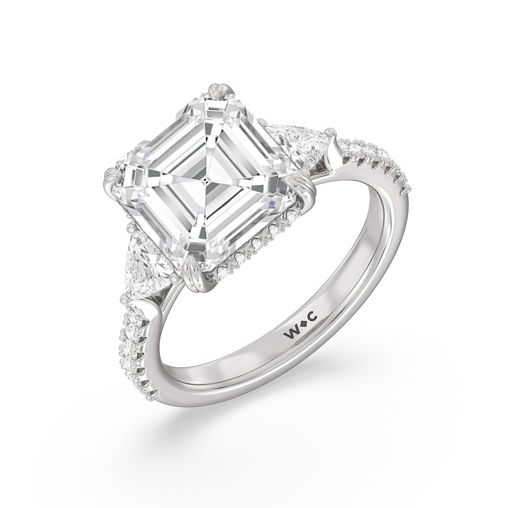 3.65ct Asscher Elegance Trillion Diamond Three Stone Engagement Ring with 4 1/2 Cut Diamond in 14KT Asscher view 3
