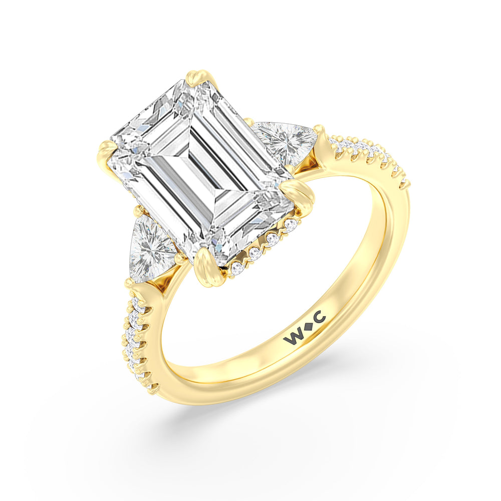 Elegance Trillion Diamond Three Stone Engagement Ring with Emerald Cut Diamond in 14KT Yellow Gold view 3
