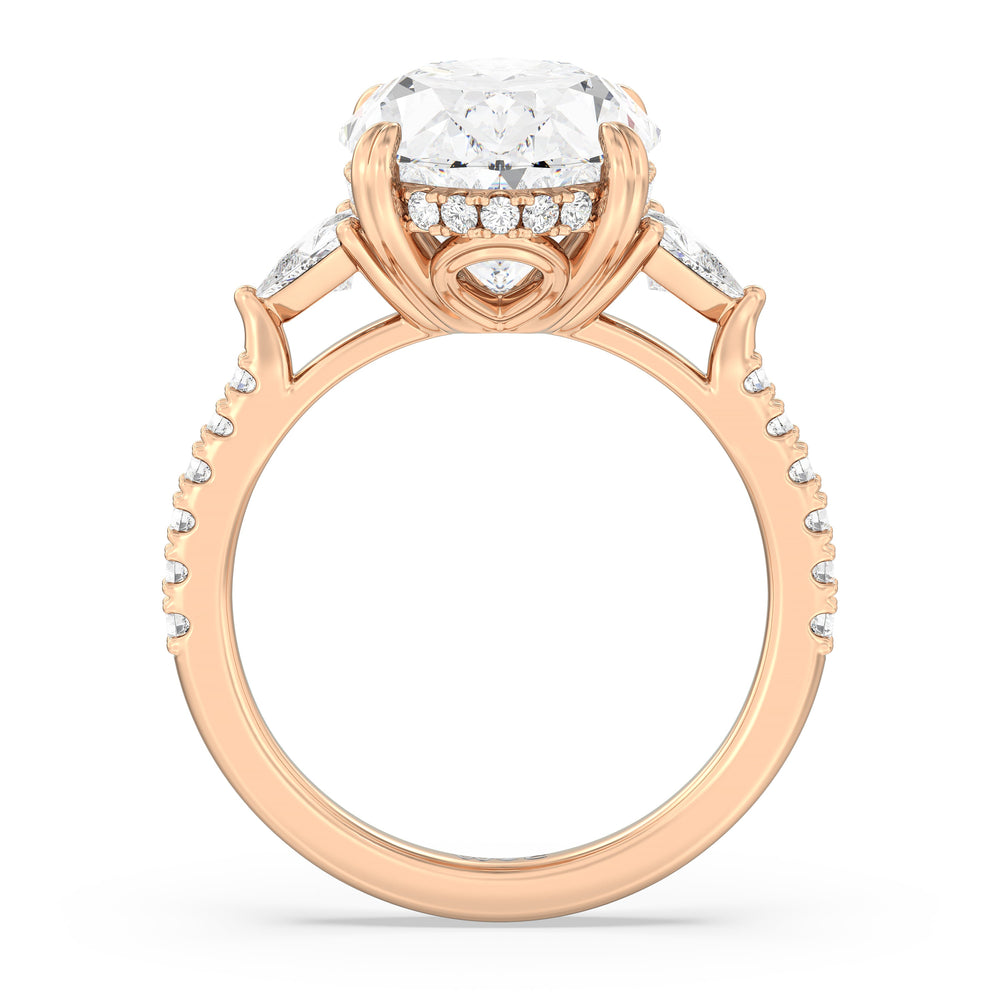 Elegance Trillion Diamond Three Stone Engagement Ring with Oval Cut Diamond in 14KT Rose Gold view 2
