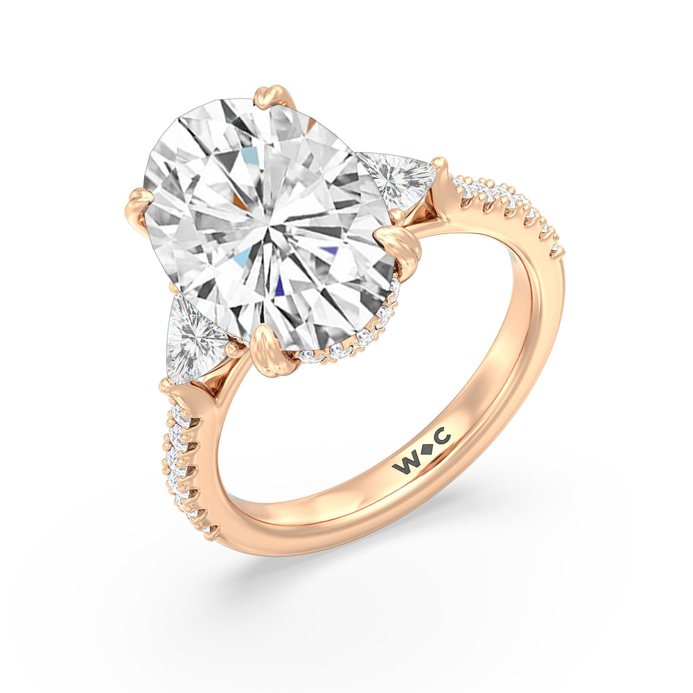 Elegance Trillion Diamond Three Stone Engagement Ring with Oval Cut Diamond in 14KT Rose Gold view 3
