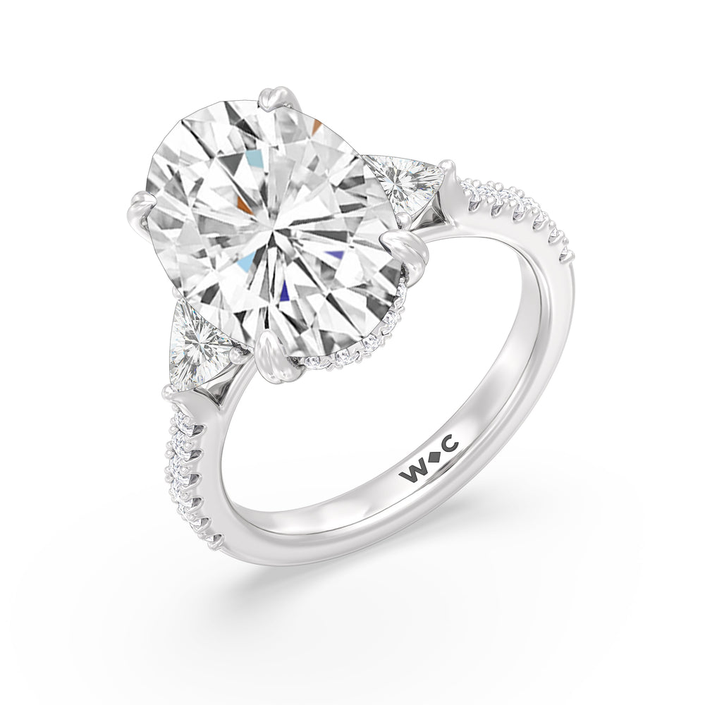 Elegance Trillion Diamond Three Stone Engagement Ring with Oval Cut Diamond in 14KT Platinum view 3
