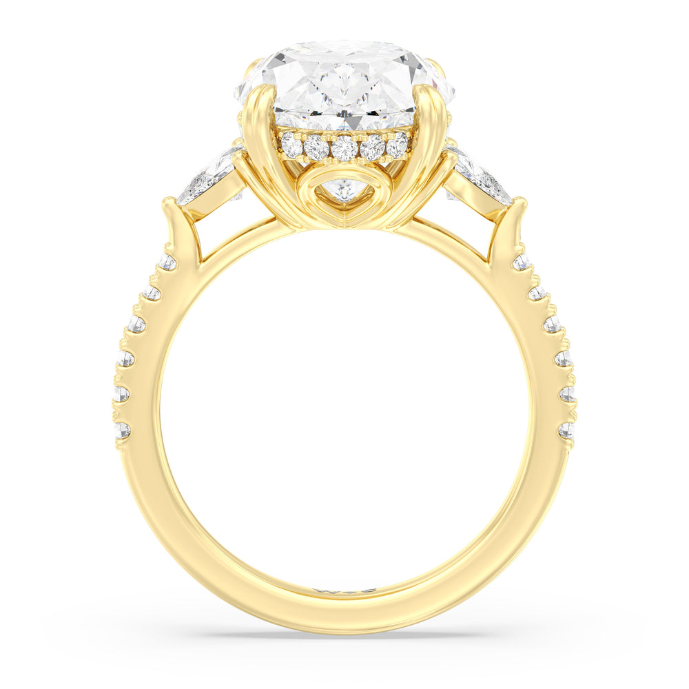 Elegance Trillion Diamond Three Stone Engagement Ring with Oval Cut Diamond in 14KT Yellow Gold view 2

