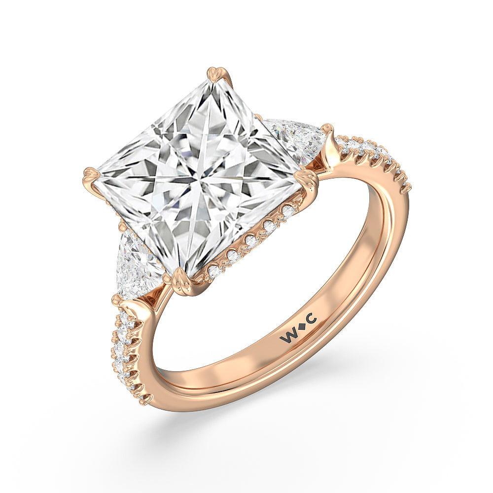 Elegance Trillion Diamond Three Stone Engagement Ring with Princess Cut Diamond in 14KT Rose Gold view 3
