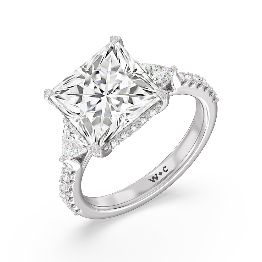 Elegance Trillion Diamond Three Stone Engagement Ring with Princess Cut Diamond in 14KT Platinum view 3
