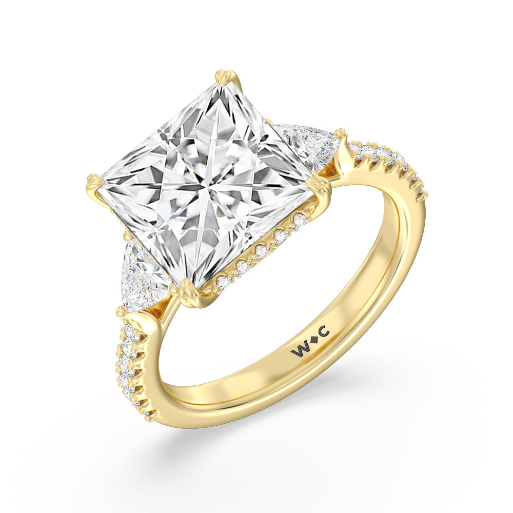 Elegance Trillion Diamond Three Stone Engagement Ring with Princess Cut Diamond in 14KT Yellow Gold view 3
